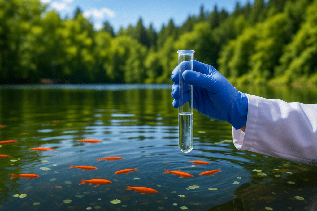 A gloved hand holds a test tube of water above a calm lake, surrounded by small orange fish swimming near the surface. The clear water reflects green trees and a blue sky, highlighting a scientific water sampling in a natural environment.