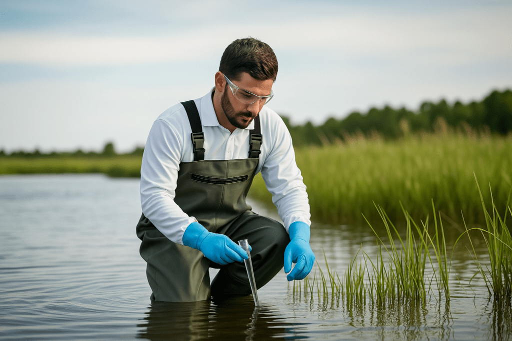 Scientist in protective gear kneeling in shallow water, collecting a water sample with a test tube in a marshy wetland environment.